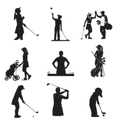 Naklejka premium Black silhouettes of golfers in various poses on white background