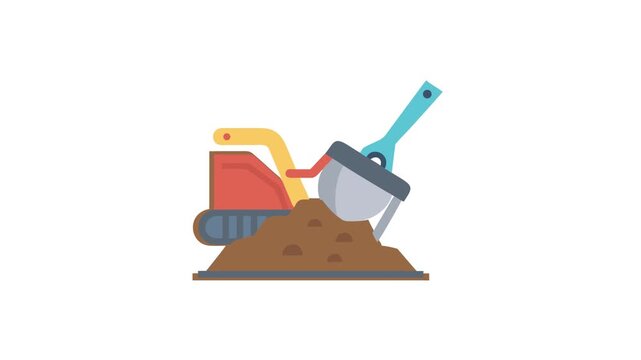 Stylized excavator scooping dirt pile, construction equipment illustration