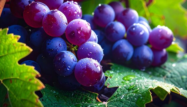 A close-up shot of a cluster of ripe, plump purple grapes covered in droplets, with green leaves in the background