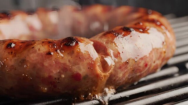 Closeup of a juicy sausage sizzling on a hot grill.
