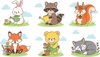 Fototapeta premium Cute Forest Animals Gardening Vector Set Featuring Rabbit Raccoon Squirrel Fox Bear and Wolf Planting Flowers for Spring Nature and Kids Education