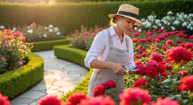 Woman Gardener Trimming Rose Bushes in Lush Garden at Sunset