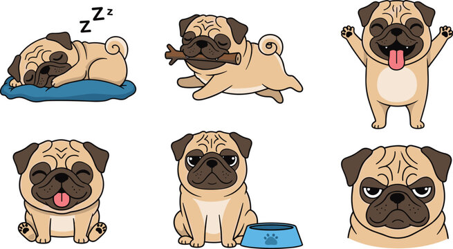 Cute Cartoon Pug Dog Collection Set with Sleeping Running Eating Sad and Funny Expression Pose Character Elements
