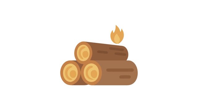 Flat firewood stack with small flame on White Background