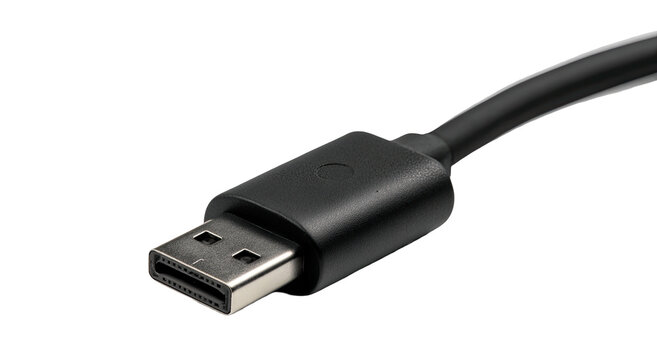 Close-up of a DisplayPort cable connector with its rectangular head