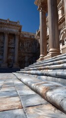 Obraz premium Marble steps lead to classical columns in an ancient structure under sunlight on a clear day