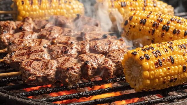 Close-up of Brazilian Barbecue Skewers and Corn Grilling on a Grate Over an Open Fire