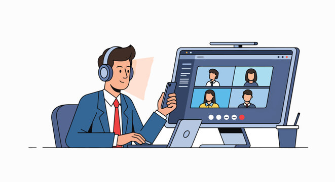 A businessman in a blue suit and red tie sits at a desk wearing a headset while participating in a video conference on a large computer monitor with a speech bubble.