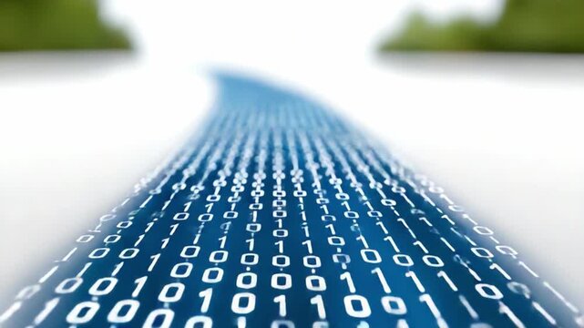 Binary Data Stream: A visual representation of data transfer, a vibrant stream of binary code flowing along a pathway to illustrate the fast-paced exchange of information