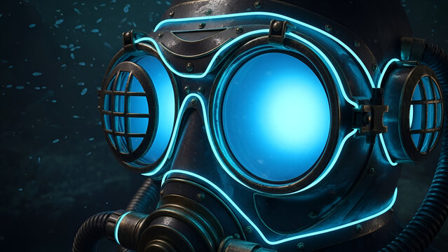 A close-up of a futuristic diving mask with glowing blue lights in the dark water