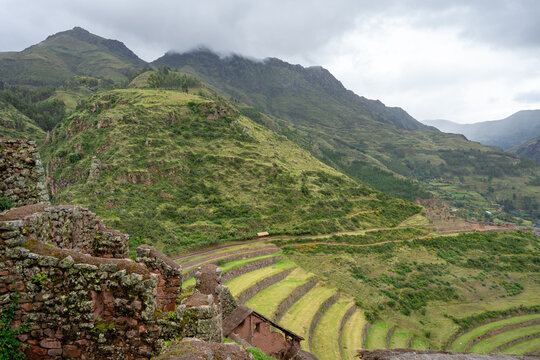Ancient Inca terraces and ruins at Pisac in the Sacred Valley, Peru