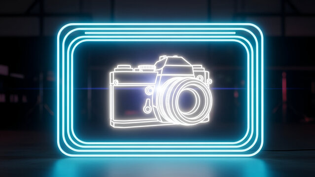A neon sign with a camera outline glows brightly in a dark room