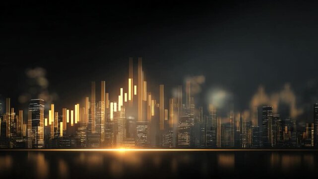 City of Lights: Illuminated skyscrapers pierce the night, their radiant forms reflected in the still water below, creating a captivating cityscape. 