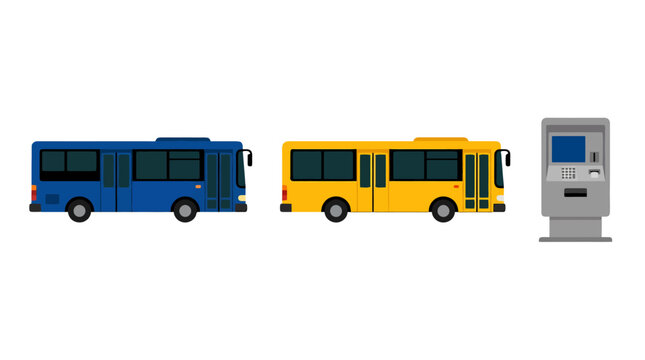 Flat vector illustration of blue and yellow city buses with a ticket vending machine.