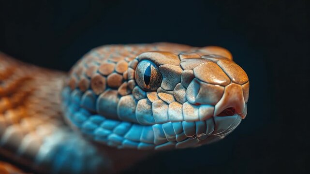 Video A close-up shot of a snake's head against a black background, useful for abstract designs or scientific s