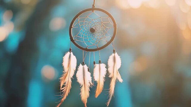 Dream catcher hangs in sunlight while feathers sway gently in the breeze showing clear sky and trees in the background