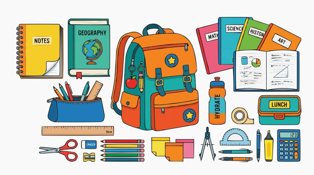 A vibrant arrangement of essential school supplies, including books, stationery, and a backpack, perfectly arranged, conveying a sense of preparedness and excitement.