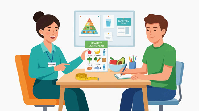 A dietitian guiding a client to follow a healthy diet plan, with a focus on fruits, vegetables, and the food pyramid.