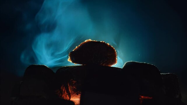 Rock balance sculpture filmed at night against blue glow.