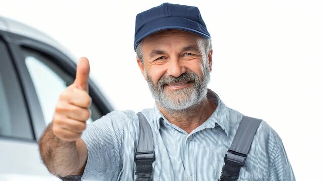 Thumbs Up and Optimism: A friendly mechanic with a beard and cap, extends a thumbs-up. His cheerful gaze and gesture evoke a sense of trust and confidence.