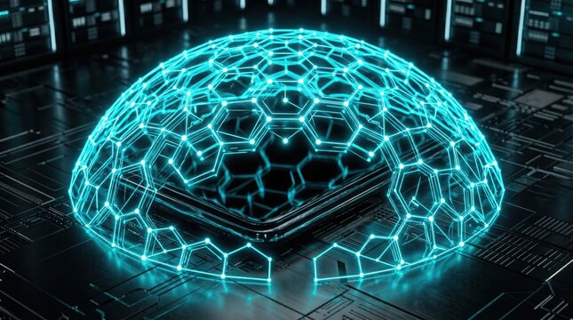 Glowing futuristic neon blue hexagonal energy shield protecting a digital microchip inside a dark advanced server room. Advanced cybersecurity firewall concept, safe data privacy.