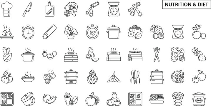 Nutrition and diet cooking food outline icon set including vegetables kitchen tools healthy ingredients meal preparation symbols vector collection