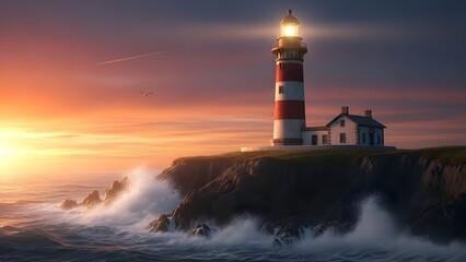 Obraz premium Lighthouse stands tall at coastline cliff during sunset in atmospheric environment