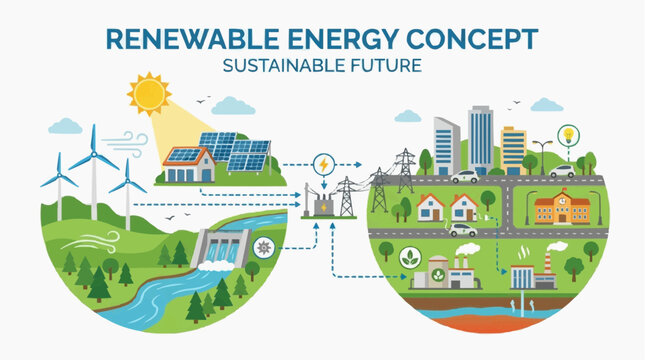 A vibrant depiction illustrates the concept of renewable energy and its role in forging a sustainable future, visually articulating a balanced contrast between ecological power sources.