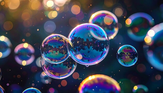 Floating iridescent bubbles against a dark background with colorful bokeh lights creating a dreamy, ethereal atmosphere