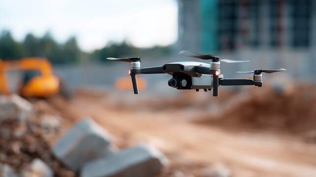 Grey quadcopter drone with camera hovers over blurred construction site. Orange excavator visible in background. Concept for industrial inspection, surveying and technology