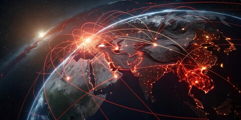 Global network connections, earth from space, international relations, glowing red lines © Graphic Leading 