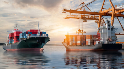 Fototapeta premium Trade ships exchanging goods at a busy China-U.S. port