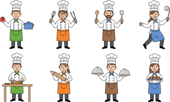 Professional vector illustration set of male and female chefs and bakers in uniform performing kitchen tasks and serving food.