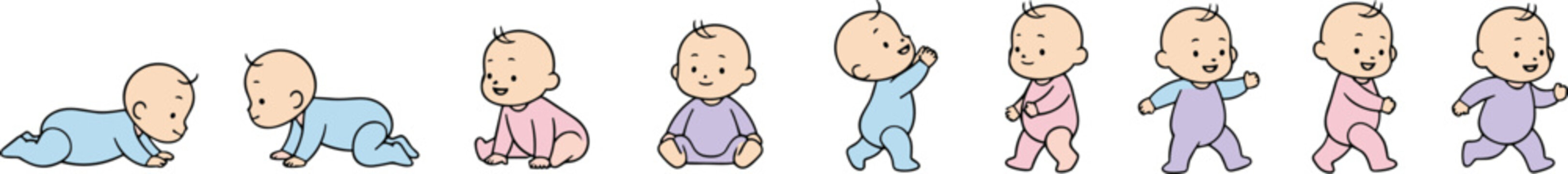 Vector illustration of baby development stages from crawling to sitting, standing with support, and walking independently