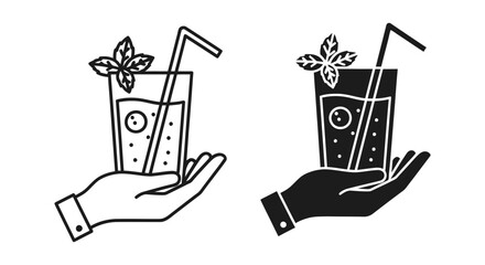 2 Cocktail linear icons hand holding drink glass mint leaf straw garnish, UI and web interface design © pixostudio