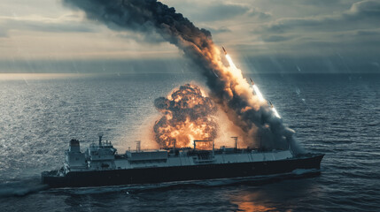 Obraz premium Military strike unleashes guided missiles against LNG vessel in ocean waters