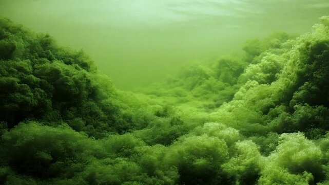 Underwater Green Landscape: An ethereal underwater view, with vibrant green algae creating an abstract landscape. The scene evokes a sense of mystery and tranquility.