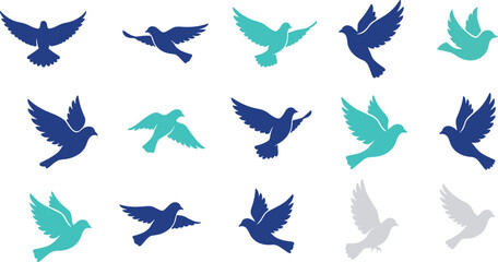 Vector illustration of dove silhouettes in flying poses with wings spread, symbolizing peace, freedom, and motion © shamsuzzoha