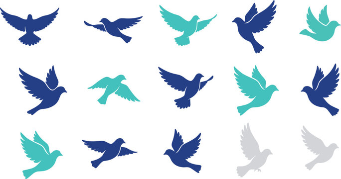 Vector illustration of dove silhouettes in flying poses with wings spread, symbolizing peace, freedom, and motion