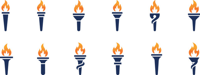 Vector illustration of stylized torch icons with varied handle designs and orange flames symbolizing freedom and enlightenment © shamsuzzoha