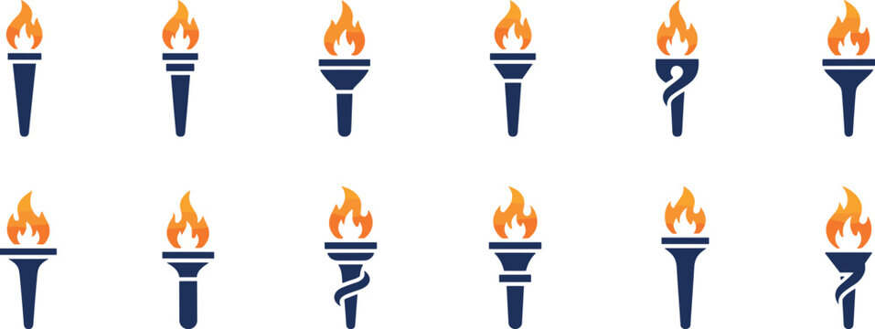 Vector illustration of stylized torch icons with varied handle designs and orange flames symbolizing freedom and enlightenment