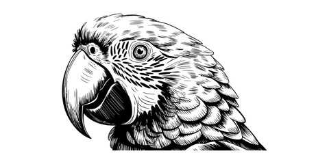 A detailed monochromatic hand drawn sketch of a macaw parrot head facing towards the left side. Vector, illustration © Ratna Art_Gallery