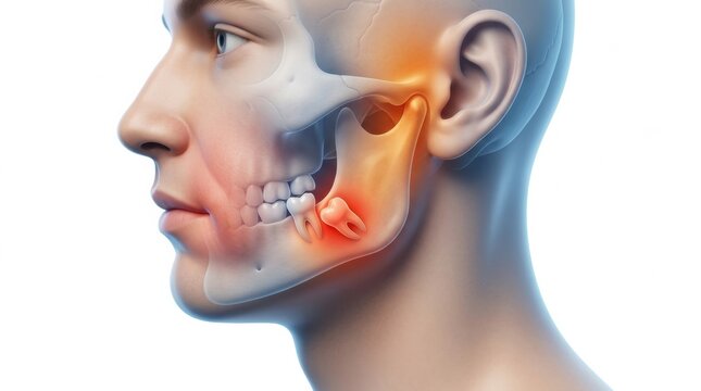 Model Showing Side View of Human Skull With Highlighted Jaw and Ear Area to Illustrate Anatomy and Potential Health Issues