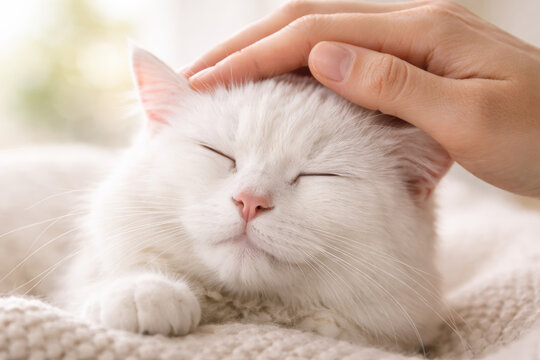Adorable white cat enjoying gentle petting in cozy setting