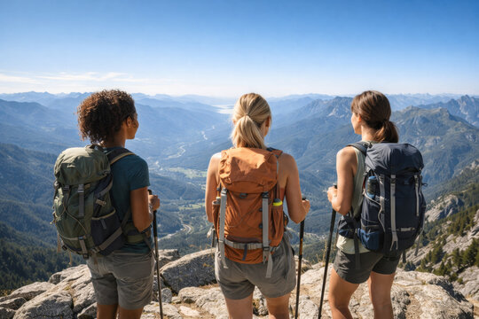 Group of female hikers enjoying a mountain view together