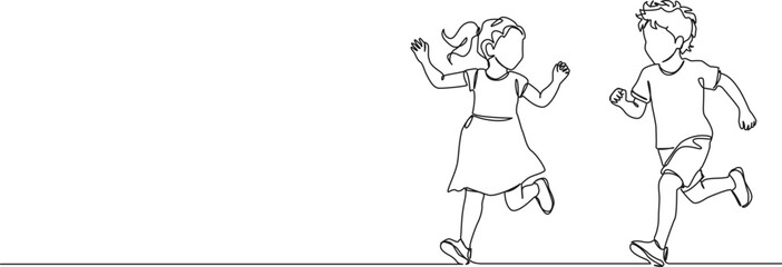continuous line drawing of boy and girl joyfully running around together, line art vector illustration © Christian Horz