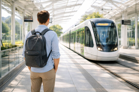 Man waiting for modern train at a stylish station