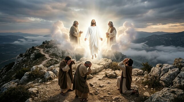 Jesus transfiguration on mountain with Moses and Elijah appearing above shocked apostles. Biblical scene depicting divine light and holy miracle. Christian religious art and spiritual faith.