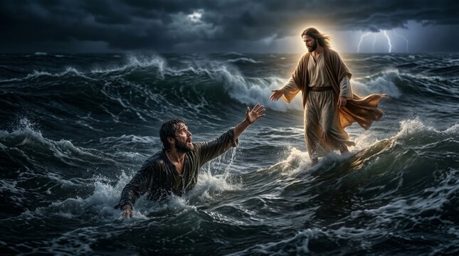 Jesus reaching out to help a drowning man at sea during a storm. Bible scene of faith and salvation. Christian religious art portraying divine grace and the miracle of walking on water.
