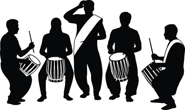 Silhouette of five people playing drums together in a lively rhythm